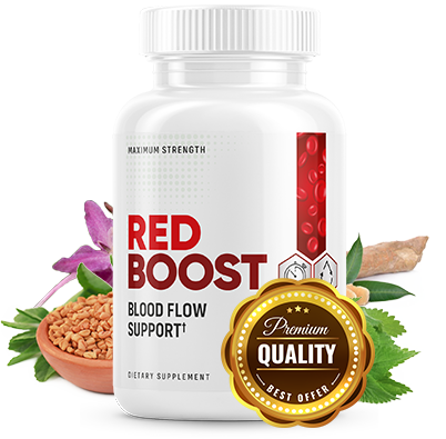 A bottle of red boost blood flow support